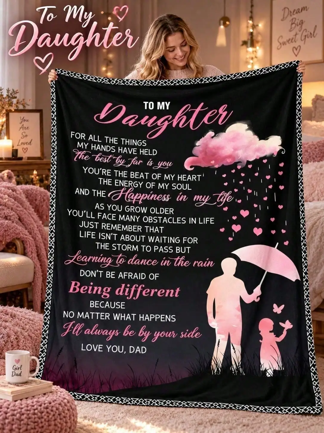 Daughter Parent Silhouette Flannel Blankets Umbrella Love Sofa Throw Bed Home Decor Bedroom Living Room Halloween Thanksgiving Christmas Anniversary Birthday Housewarming Guestroom Lounge Apartment Reading Nook Travel Nap Gift for Family Friends