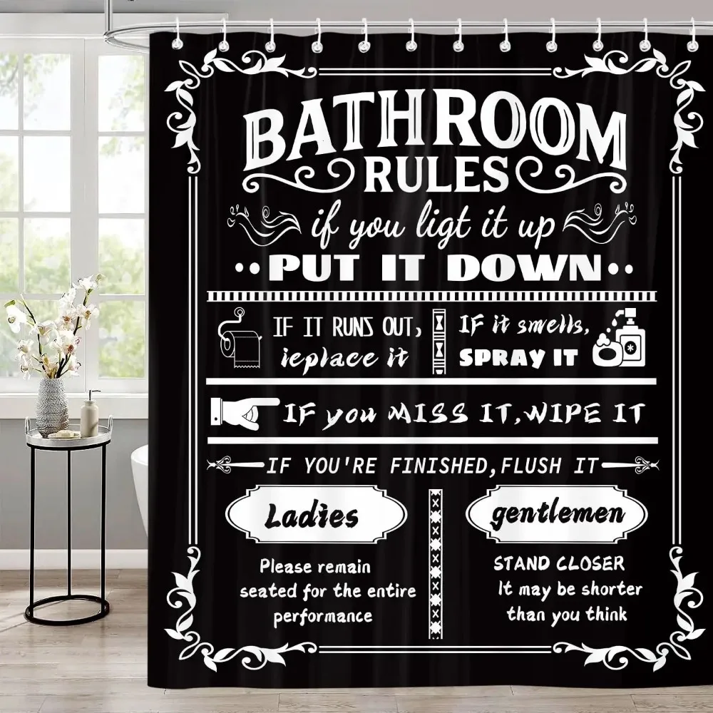 Black and White Bathroom Rules Shower Curtain, Funny Quotes Washable Waterproof Fabric Curtain