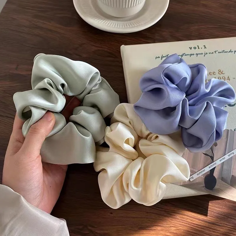 Korea Big Silk Scrunchies For Women Elastic Satin Hair Tie Girls black hair rope green hairbands chouchou soie hair accessories