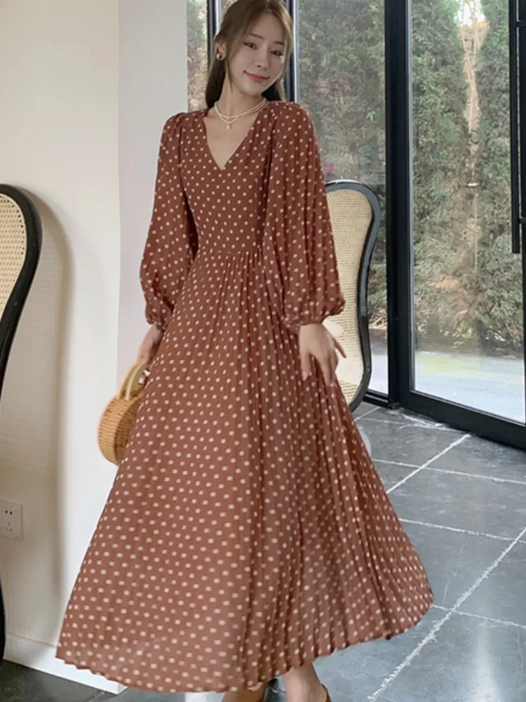 Damskie Sukienki Vintage w Kropki, Eleganckie Sukienki z Dekoltem w Serek, Wąskie Sukienki z Bufiastymi Rękawami, Sukienki na Wakacje, Bal, Wieczór, Nowe Stroje Damskie