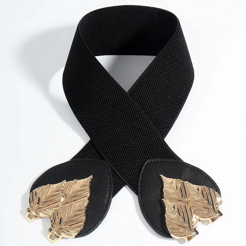 Casual Retro Stretch Belt Wide Breathable Elastic Waistband Leaf Buckle Design Corset Waistband