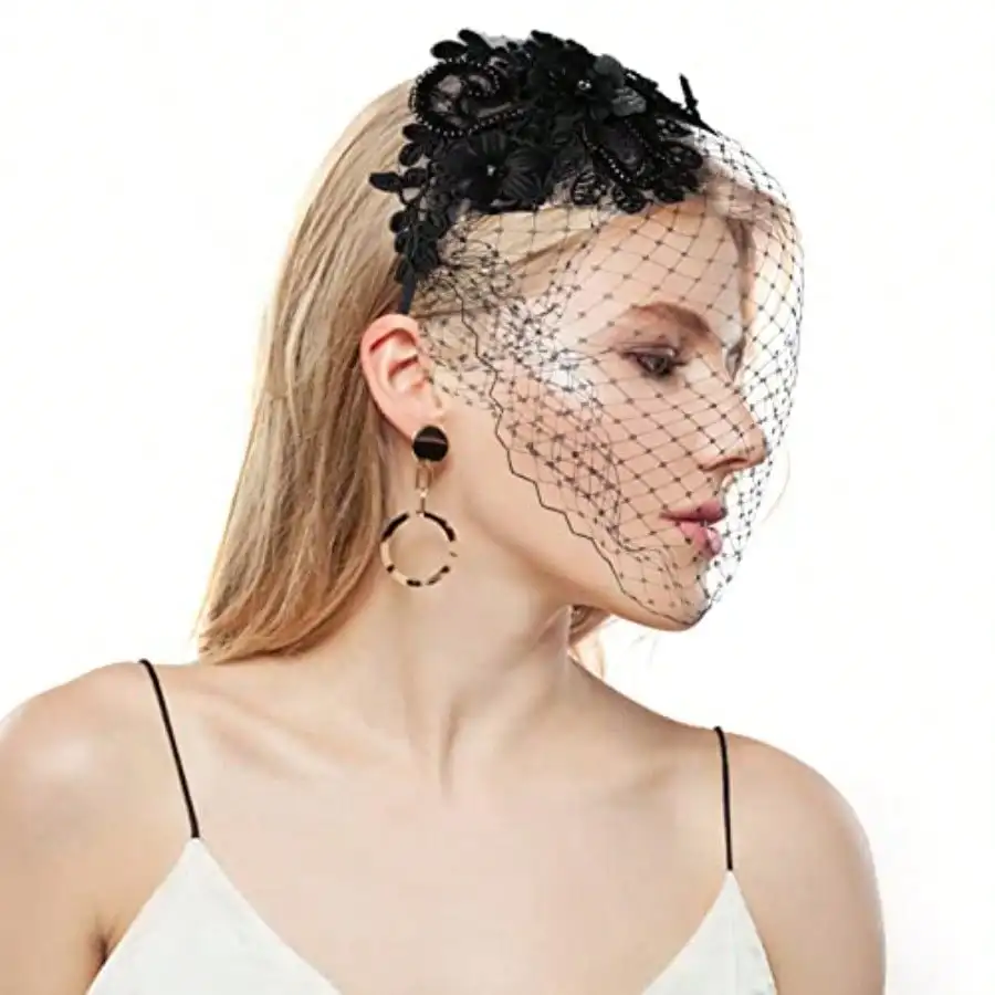 

Yolev Vintage Mesh Lace Fascinator Headband - Bridal Wedding/Veil for Tea Party & Cocktail Events (Black)