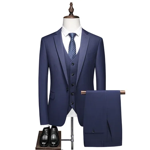 Men's Boutique Business Slim Solid Color Suit Set   Male Slim Fit Double Split Dress Blazers Jacket Pants Vest