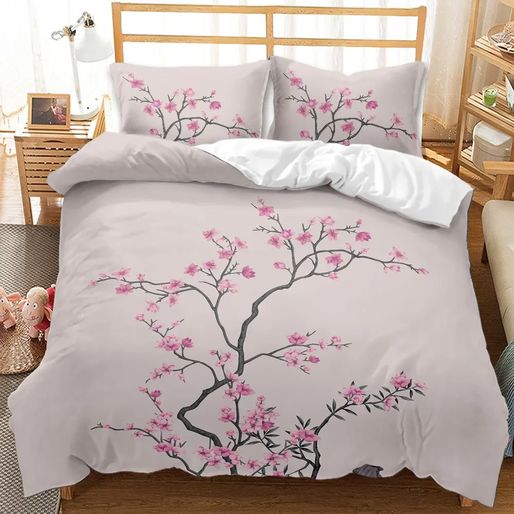 

3D Flower Duvet Cover Set Spring Peach Blossom Bedding Set Queen King Size Microfiber Branches Petal Pink Floral Comforter Cover