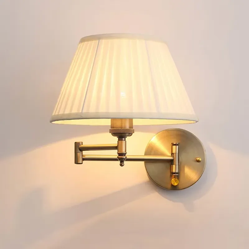 For American Telescopic Wall Lamp Fabric Iron Folding Rocker Arm Creative Bedroom Bedside Study Reading Lighting