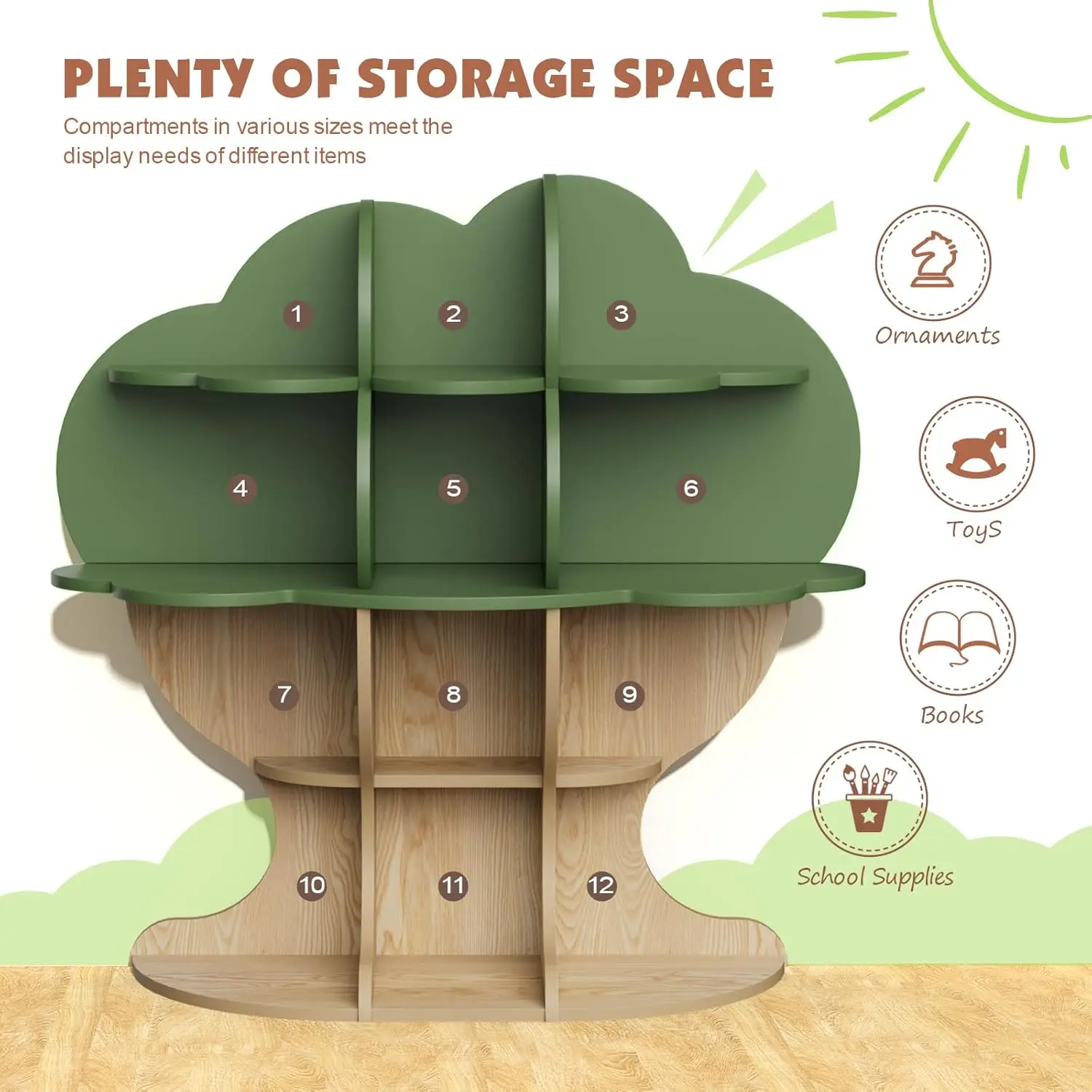 Tree Kids Bookshelf Toddler Bookcase 4-Tier Baby Book Rack Children Toy Storage Organizer Wood Display Shelf for Nursery Playroo