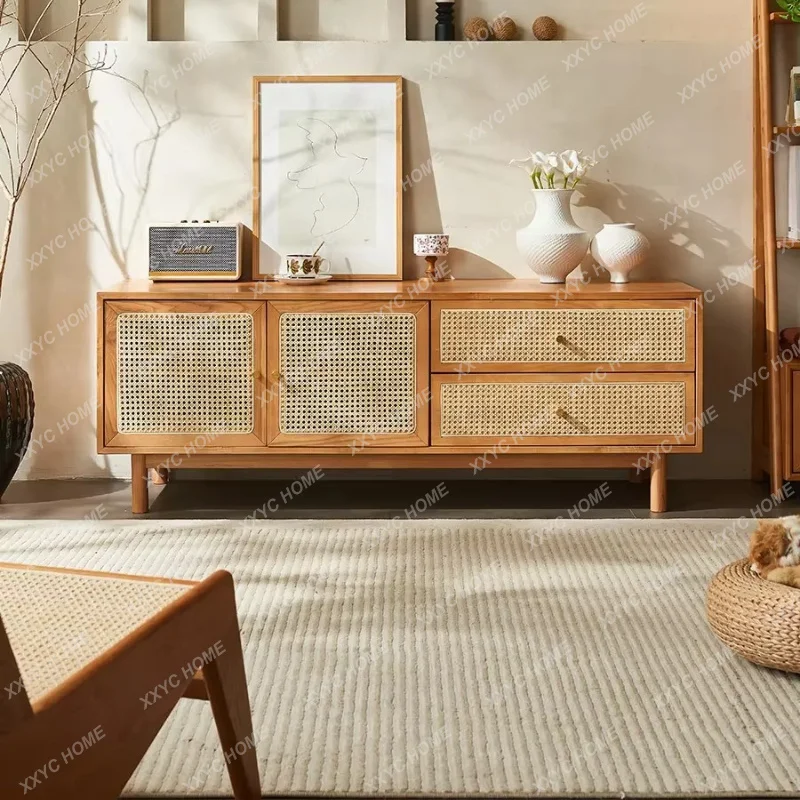 XXX Simple Small-sized Floor TV Stands Rattan Solid Wood Living Room Storage TV Stands style Audio-visual Furniture