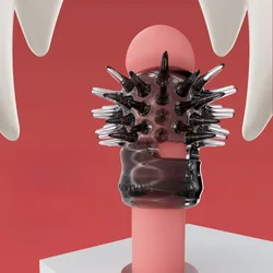 Hedgehog Cock Ring for Male Ejaculation Control with Ram Eye Loop, Penis Cage with Fang-like Particles for Erotic Stimulation