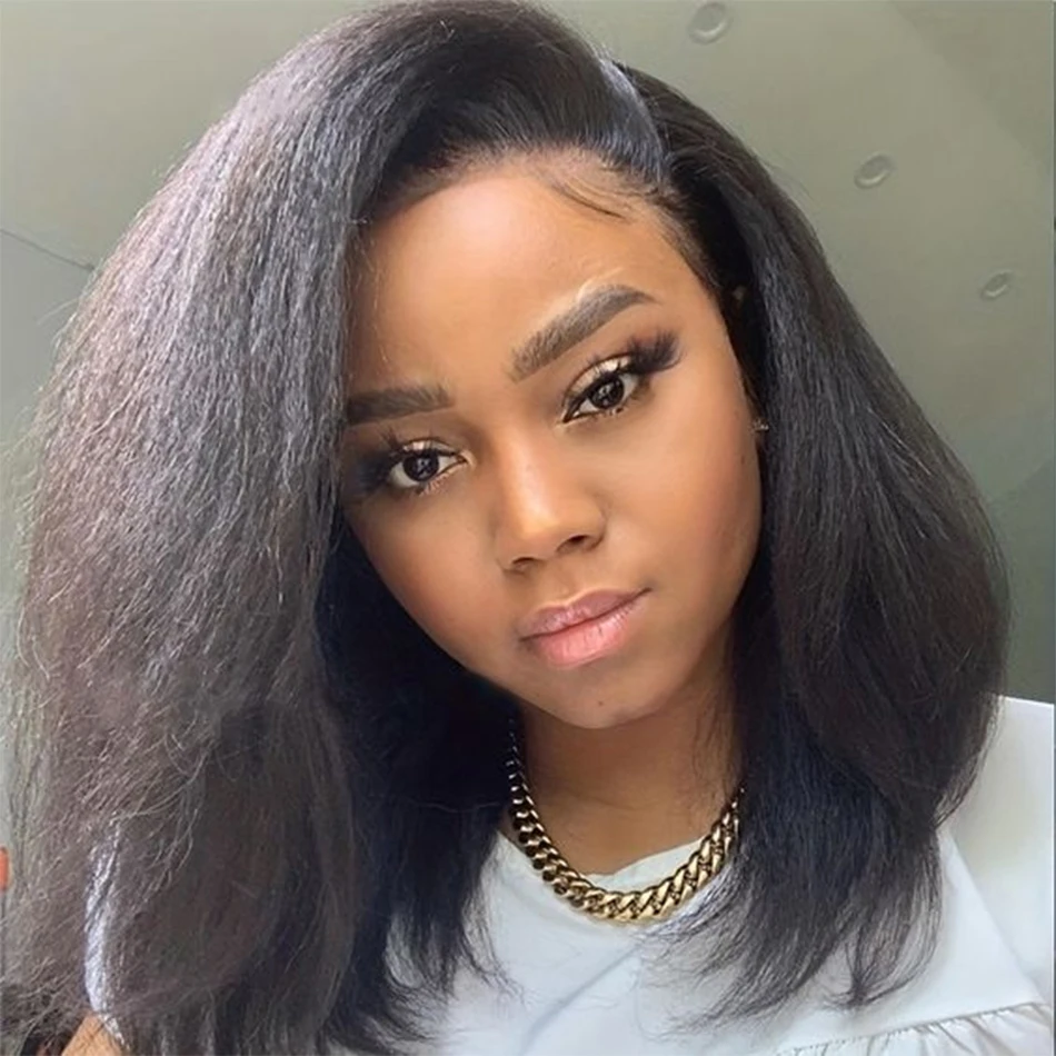 Peruvian Kinky Straight Wig Glueless Short Bob Wigs Human Hair 13X4 Yaki Straight Lace Front Wig Pre Plucked Closure Wig 180%