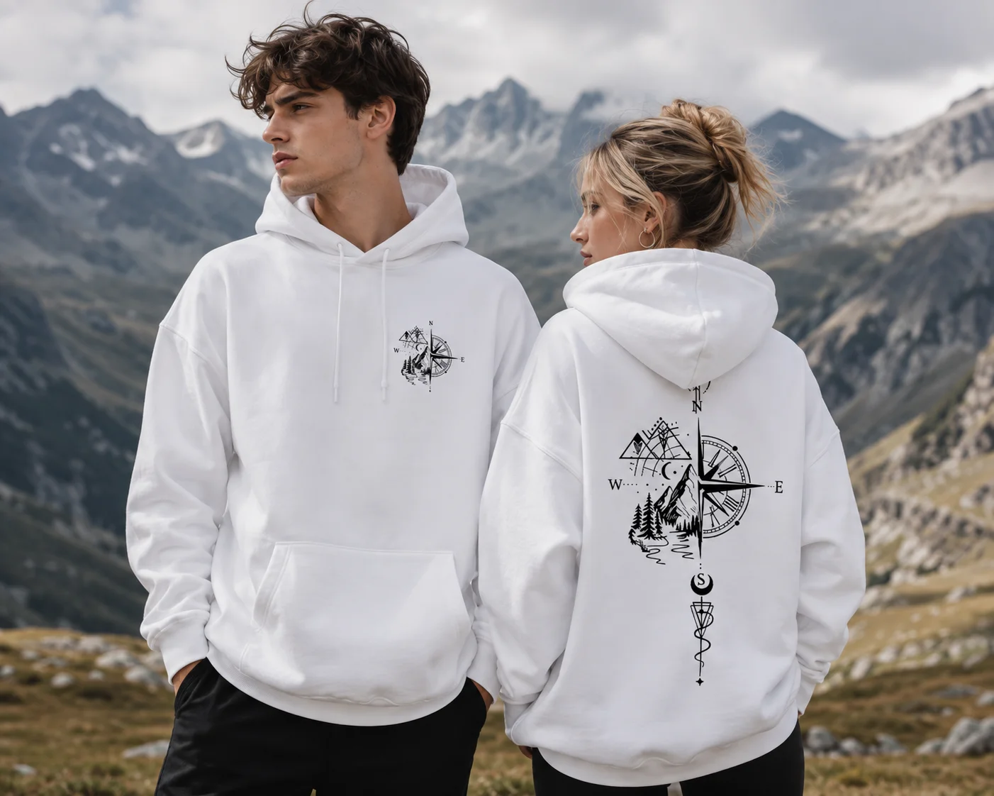 Unisex Pure Cotton Autumn‑Winter Hoodie, Vintage Compass Print High‑Quality Long‑Sleeve Pullover, Daily Casual Sports Sweatshirt