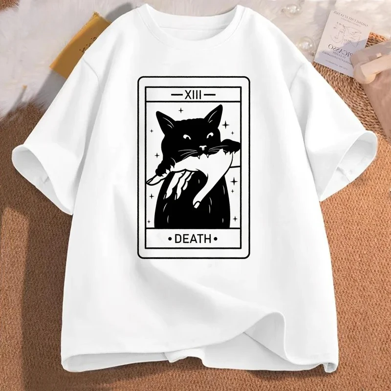 Tarot Death Witch Cat T-shirt Women's Fun Tarot T-shirt Cat Mom T-shirt Crazy Lover Cat Lady T-shirt Clothing Women Clothing Y2K
