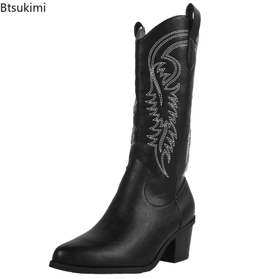 

Новые женские классические винтажные ковбойские сапоги 2026 года, весна-осень, белые/черные, с вышивкой, на квадратном каблуке, для концертов, в западном стиле