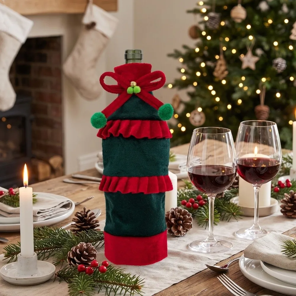 Bow Ruffled Christmas Velvet Bottle Cover Bowknot Velvet Beer Bottle Cover Elegant 30cm 11.81in Wine Bottle Cover X-mas Party
