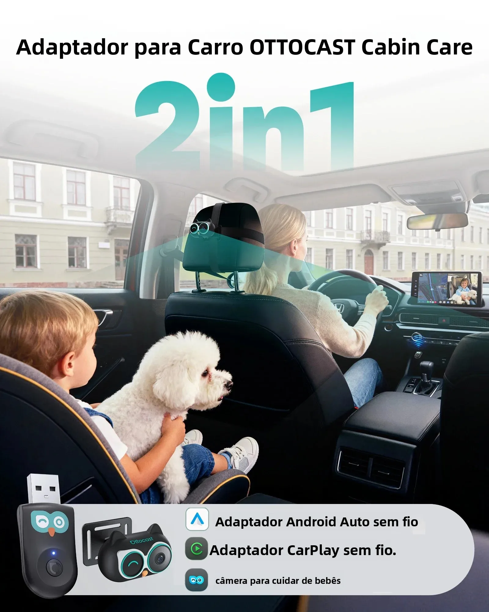 Adaptador Wireless CarPlay OTTOCAST Cabin Care com Câmera para Bebê em Carro 1080P HD 150 °   Monitor de Teto com Visão Noturna Grande Angular e Tela Dividida para Passageiros Traseiros