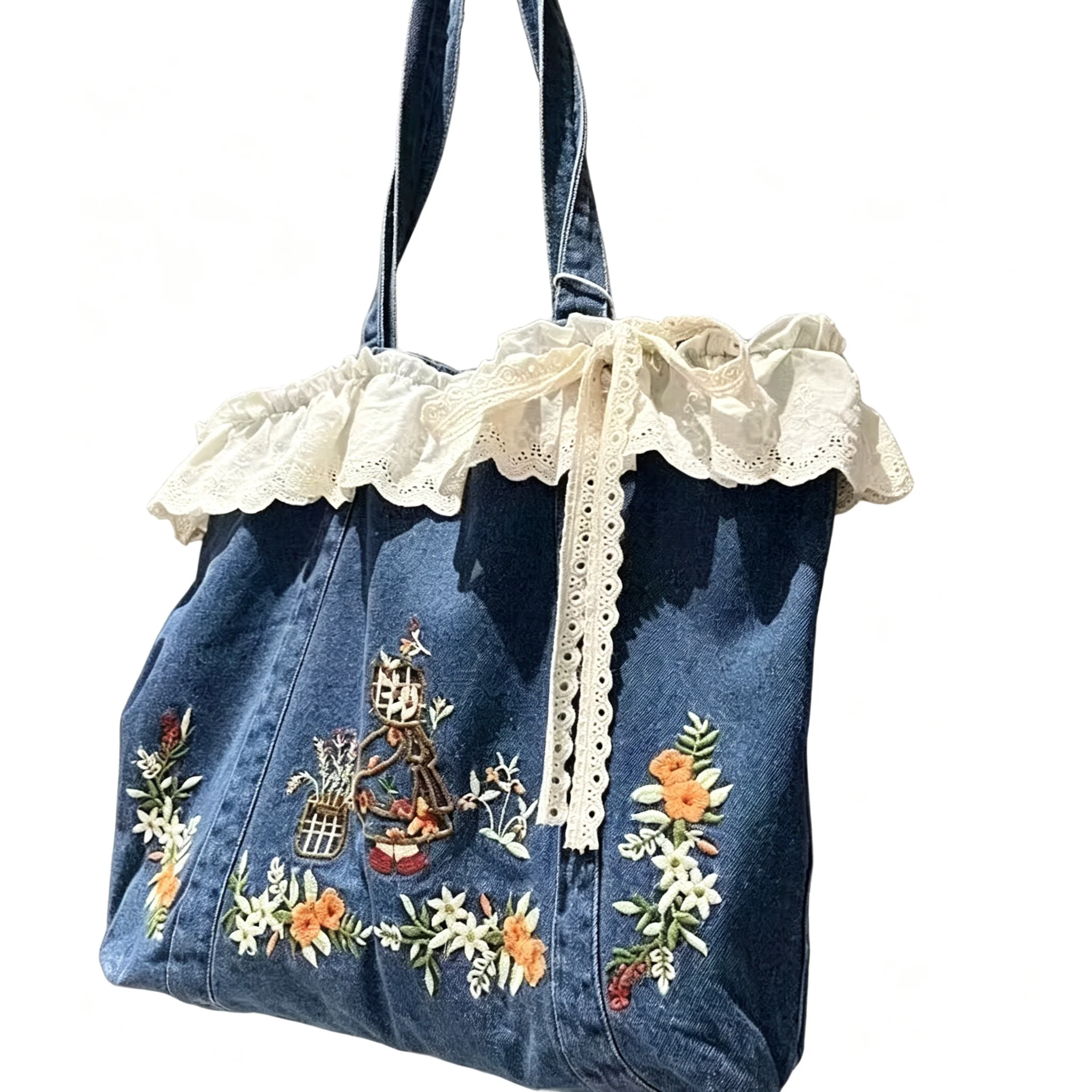 Blue White Floral Embroidered Denim Tote Bag Flower Lace Ruffle Cottagecore Mori Girl Vintage Shoulder Handbag For Women Girls