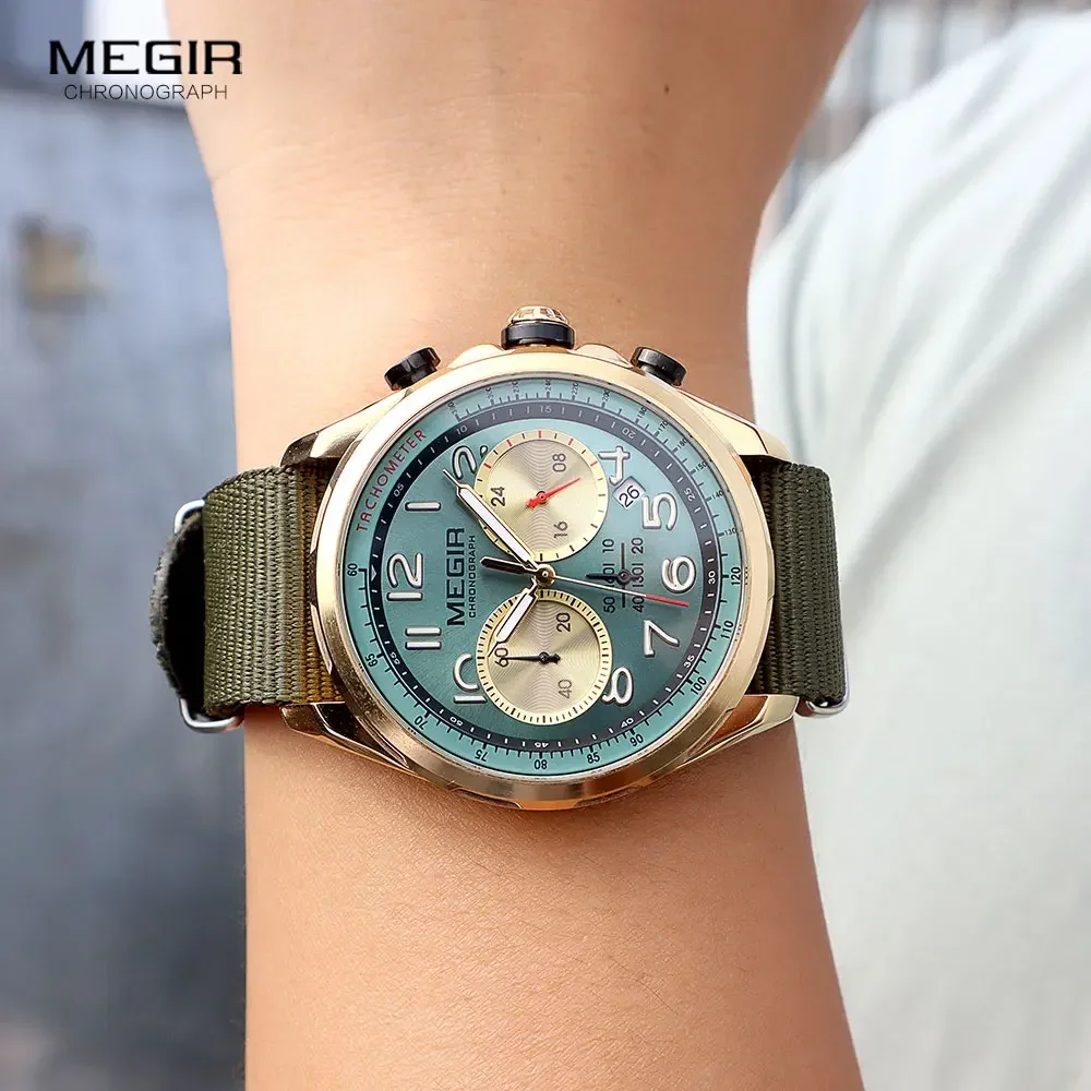 MEGIR Fashion Canvas strap Sport Quartz Watch Olive Green Waterproof Luminous Chronograph Wristwatch with Date Silicone Strap