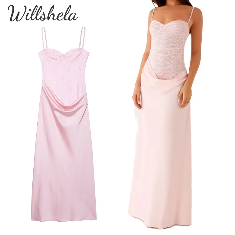 

Willshela Women Fashion Pink Patchwork Satin Lace Backless Midi Camisole Dress Sleeveless Female Chic Casual Long Vestidos