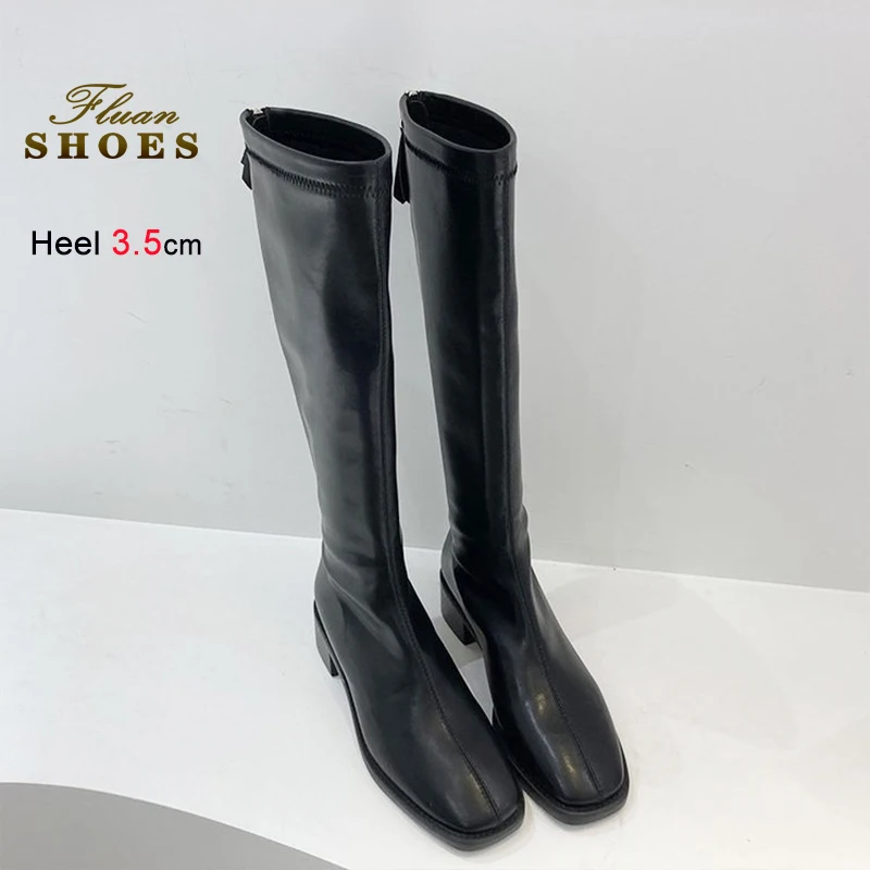 Botas Largas con cremallera trasera para mujer, botas ajustadas elásticas hasta la rodilla con punta cuadrada, tacones altos de 3,5 CM, zapatos sexis para mujer para Otoño e Invierno