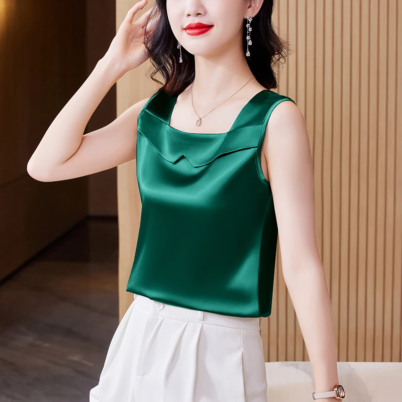 Camisola de satén, chaleco, blusa para mujer, moda de verano, ropa femenina, camisetas sin mangas con un cuello, Top con corsé, Top básico liso con corsé