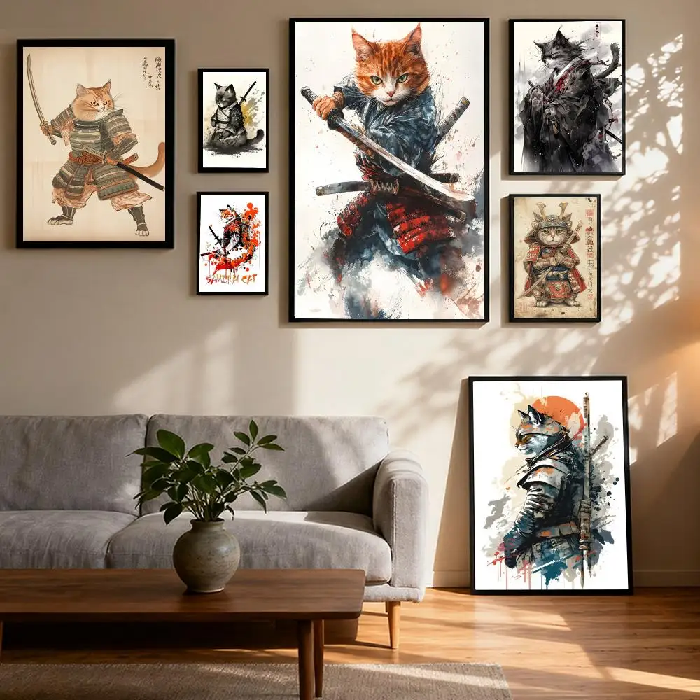 

Cute Samurai cat Poster Prints Canvas Painting Wall Art Picture Living Room Home Decor Tracklist Music Album Cover