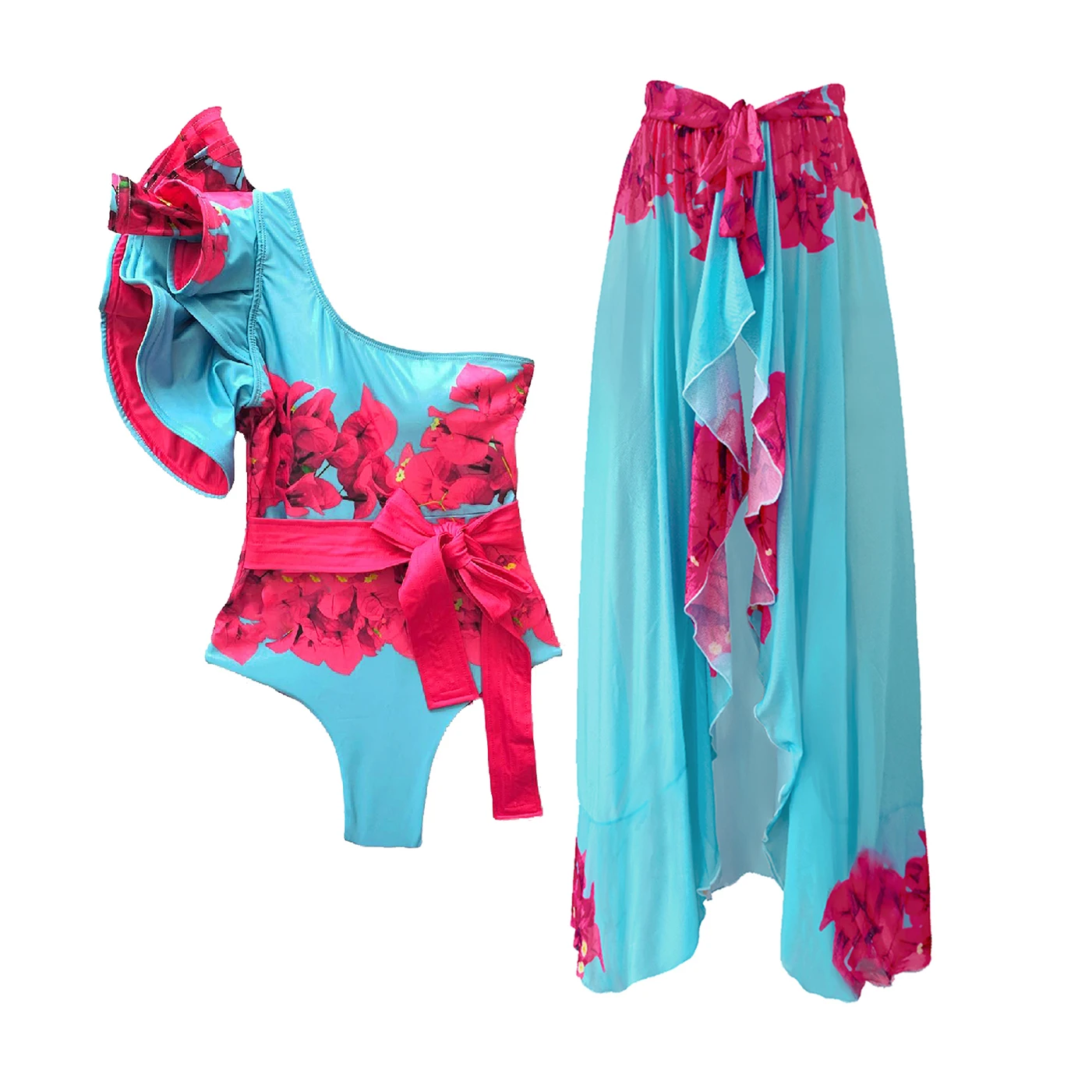 2025 2PC Ruffle One Piece Swimsuit with Cover Up Sexy Swimwear  Women Print Monokini Push Up Swim Suit Print Bathing Suit Beachw image 6