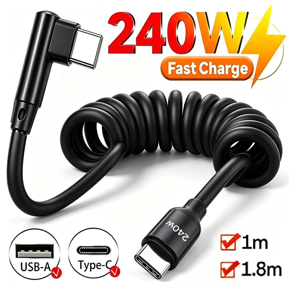 240W USB-A /USB-C To Type-C Fast Charge Spring Cable Retractable Car Charger Data Cord for IPhone 17/16/15 Samsung Xiaomi Phones