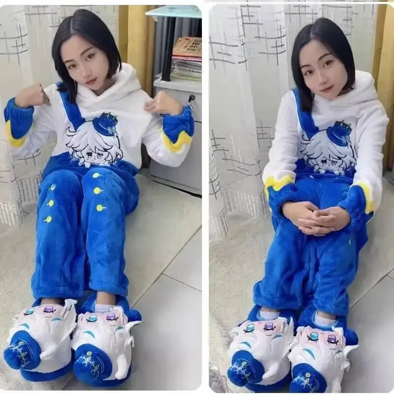 Game Genshin Impact Cosplay Furina Flannel Winter Sweet Cartoon Cute Home Costume Embroidery Tracksuit Men Women Couples Pamas