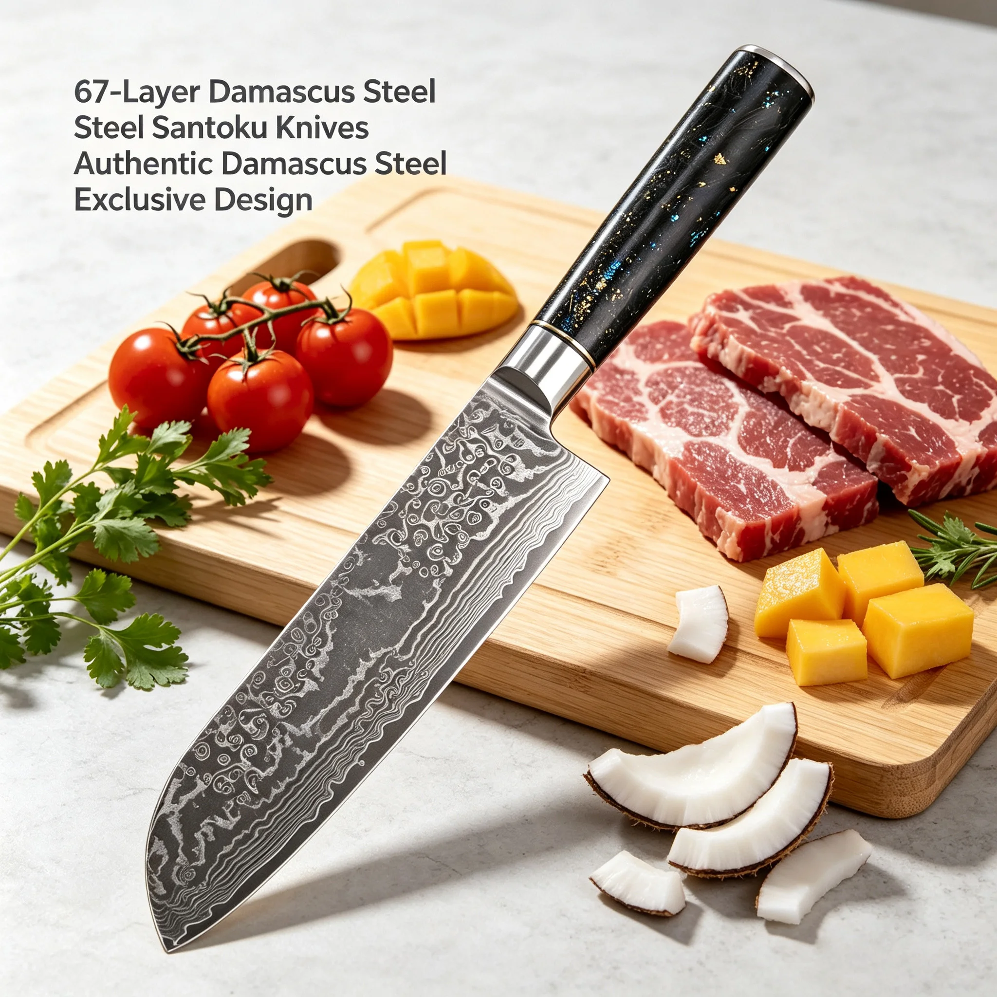 Premium 67-Layer Damascus Steel Santoku Cutlery, Multi-purpose Household Kitchen Essential for Meat, Vegetable & BBQ Preparation