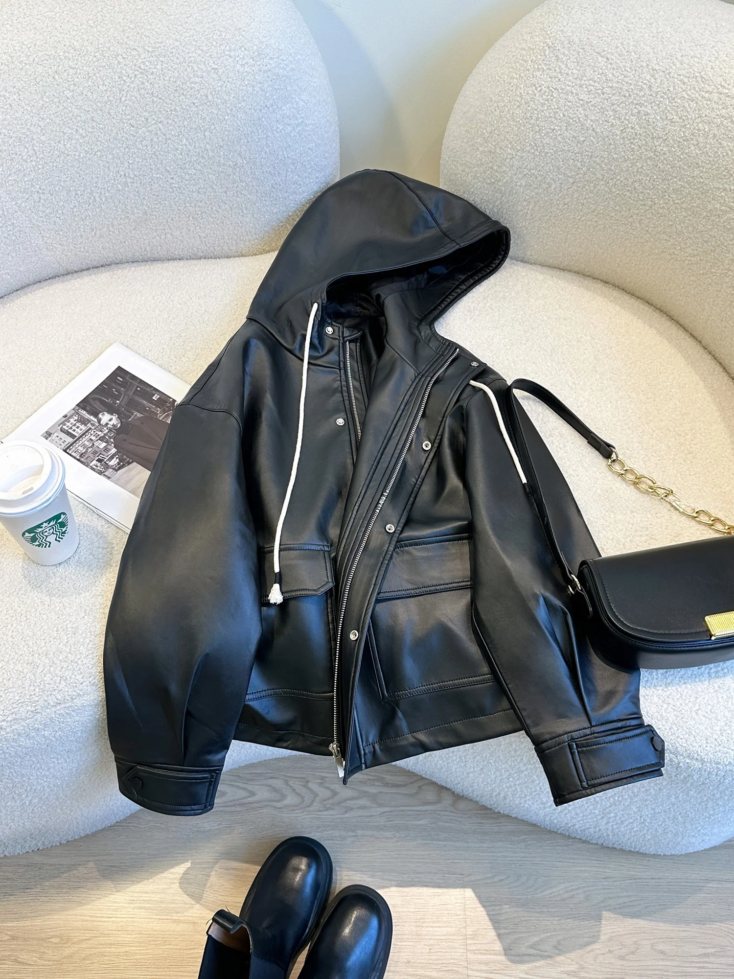 

Black Hooded PU Leather Jacket Women's Fashionable Stylish Spring 2026 New Korean Style All-Match High-End Feel Coat