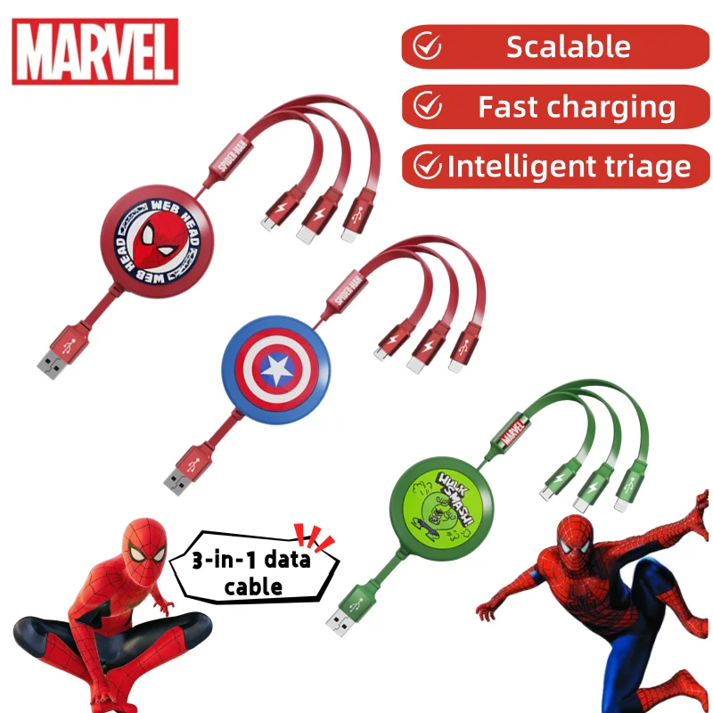 

Spider-Man Captain America Mickey Hulk Iron Man Cartoon Characters Telescopic 3-in-1 Charging Personality Car Data Cable Gifts