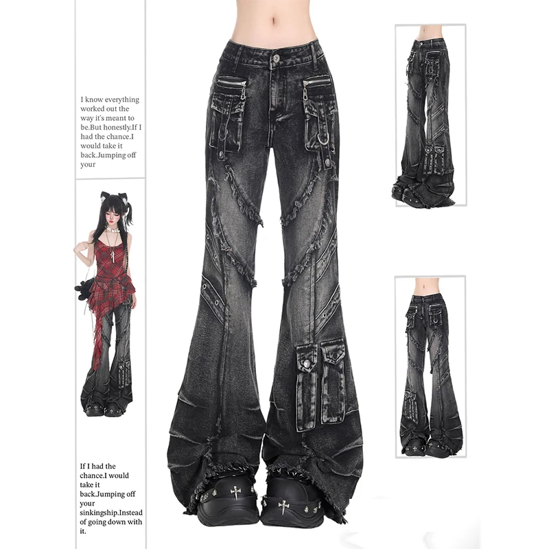 Women's Y2k Baggy Flare Jeans Harajuku 2000s Style Patchwork Denim Trouser High Street Vintage Oversize Cargo Jeans Pants