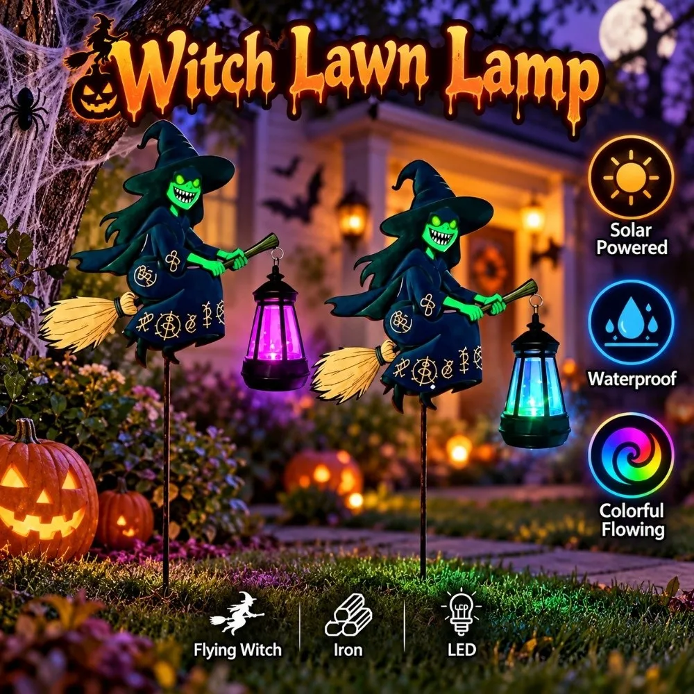 Solar Powered Witch Lawn Lamp Waterproof Watering Can Lantern Witch Garden Light Flying Witch Colorful Flowing