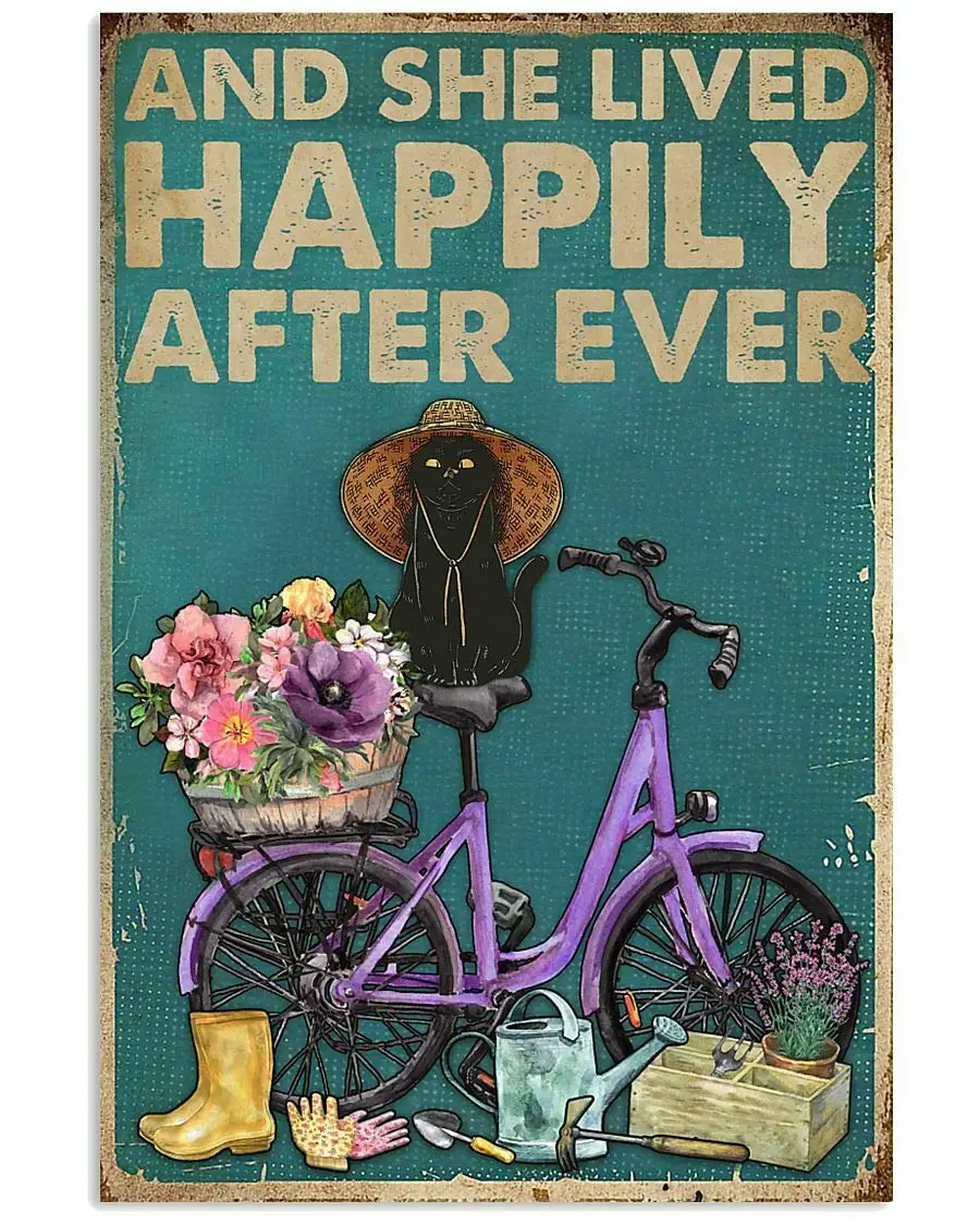Black Cat Retro Lived Happily Gardening Vertical Poster 8x12 Inches Retro Vintage Sign Metal Tin Sign Home Decor 20x30cm Po sign