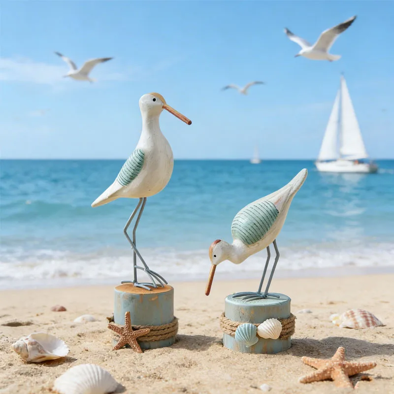 2pcs Wooden Seagull Decor Nautical Centerpieces Tabletop Ornaments Beach Coastal Statue Housewarming Gift