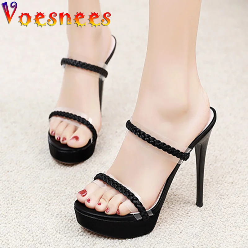 Voesnees 2022 New Weave Slippers Fashion Design Ice Velvet Thin Rope Sandals Summer Slides Transparent High Heels Shoes Women