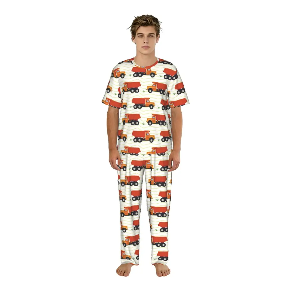 

Men Pajamas Suit Short Sleeved Long Pants Cartoon Truck With Road Pattern Sleepwear Summer Home Clothing Set