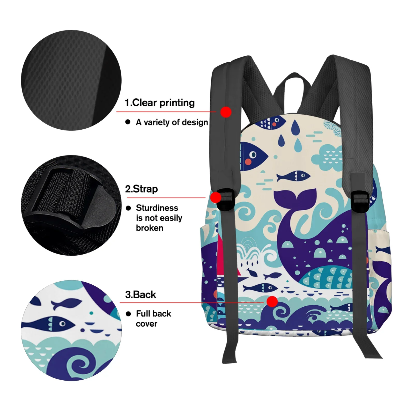 Imagem -03 - Grande Capacidade Multi Mochila de Bolso Mochila para Adolescente Mochila Laptop para Mulheres Criatura do Mar da Baleia Barco Selvagem Cartoon Wave