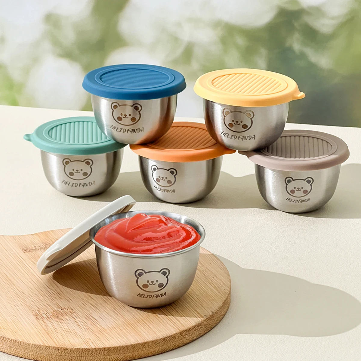 304 Stainless Steel Sauce Dish With Lid Portable Sealed Dipping Sauce Bowl Reusable Salad Tomato Condiment Container