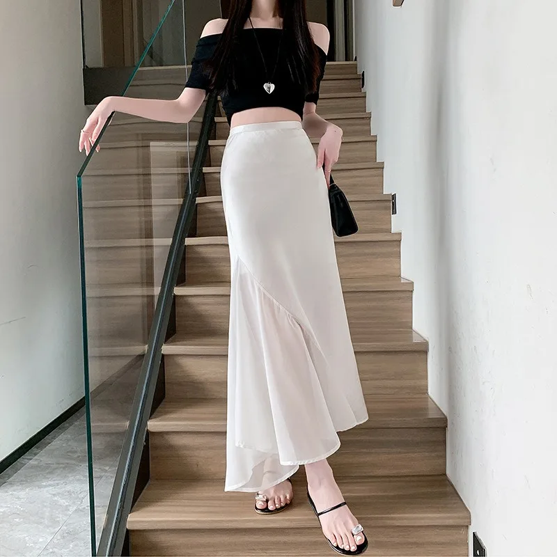 Solide Satin Seide Rock Gespleißt Mesh Frauen Hohe Taille Trompete Meerjungfrau Sommer Langen Rock Elegante Damen Büro Dame Midi Frühling