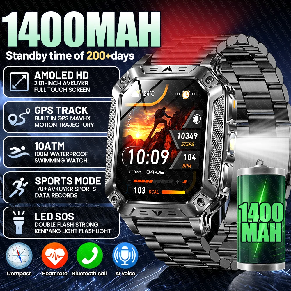 

2026 New Built in 1400mAh Battery Smart Watch GPS Dual Flash Flashlight 10ATM Waterproof BT Call AMOLED HD Men Sports Smartwatch