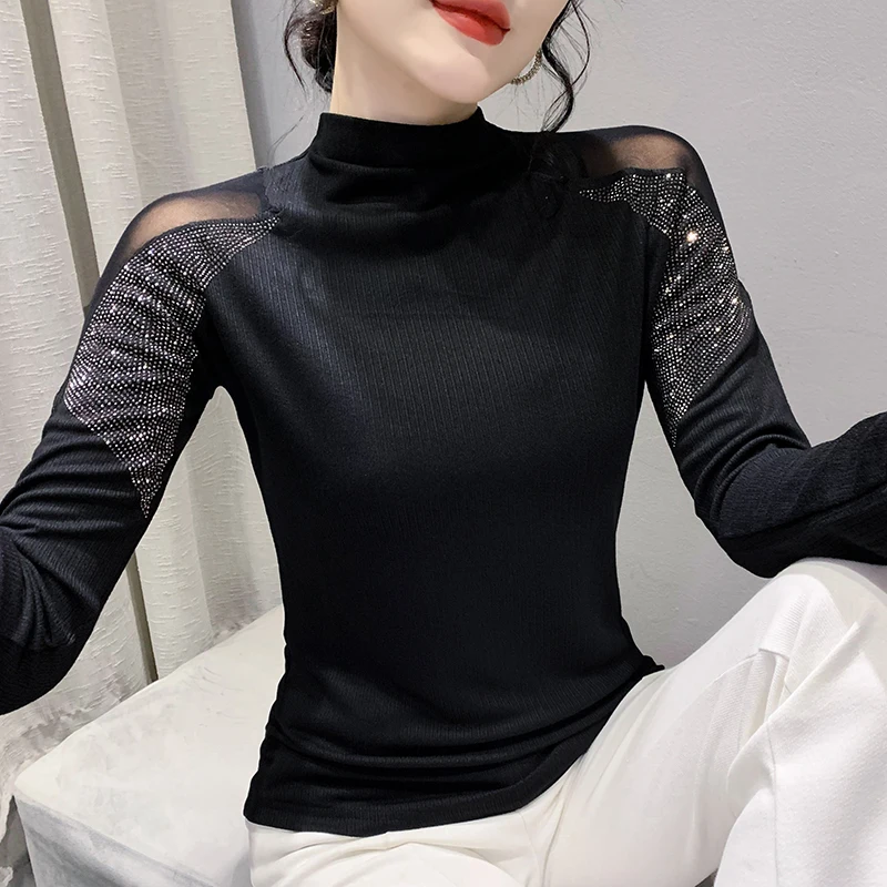 Autumn Winter bottoming shirt New Turtlenecks Long-sleeved diamond top Fashion Sexy Women Black T shirt