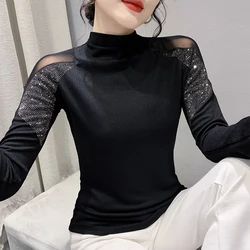 Autumn Winter bottoming shirt New Turtlenecks Long-sleeved diamond top Fashion Sexy Women Black T shirt