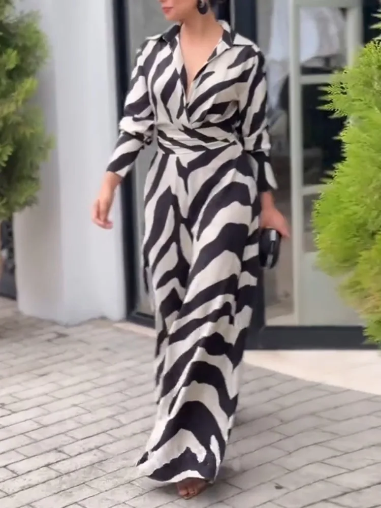 UOOZEE 2026 New Zebra Printed Lapel Jumpsuits For Women Long Sleeves High Waisted Wide Leg Urban Casual Office Commute Overalls