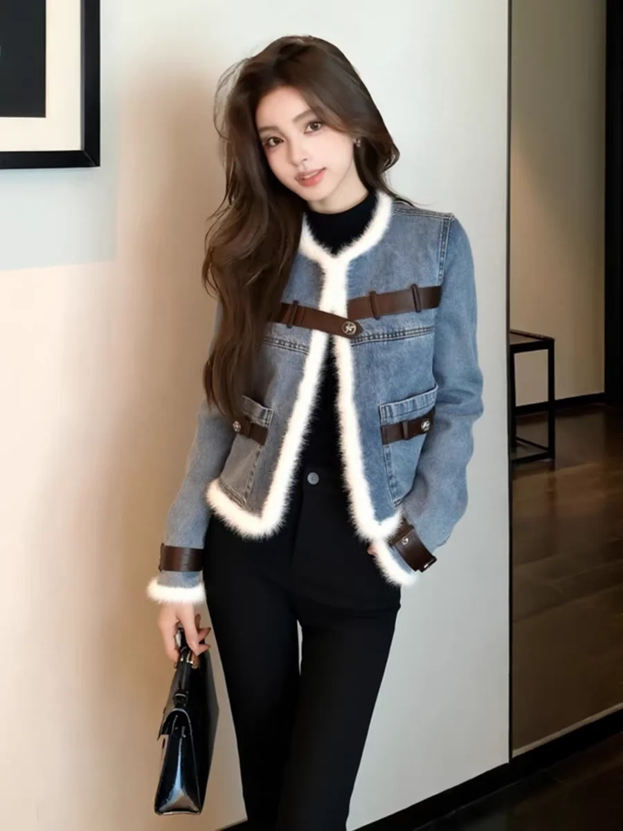 

Denim Coats With Rhinestone Woman Fur Plush Womens Winter Standneck Lined Pleated Drawstring Outcoats Steampunk Festival Relaxed