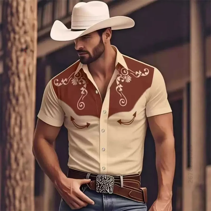 2026 New Men's Short Sleeve Western Cowboy Style Floral Embossed Print Lapel Button Down Casual Mens Clothing