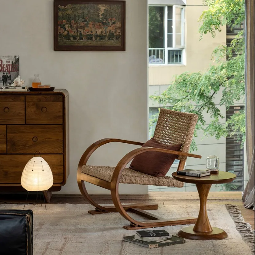 French Retro Middle Ages Silent Style Living Room Leisure Sofa Chair Modern Design Solid Wood PU Material Recarved Straw