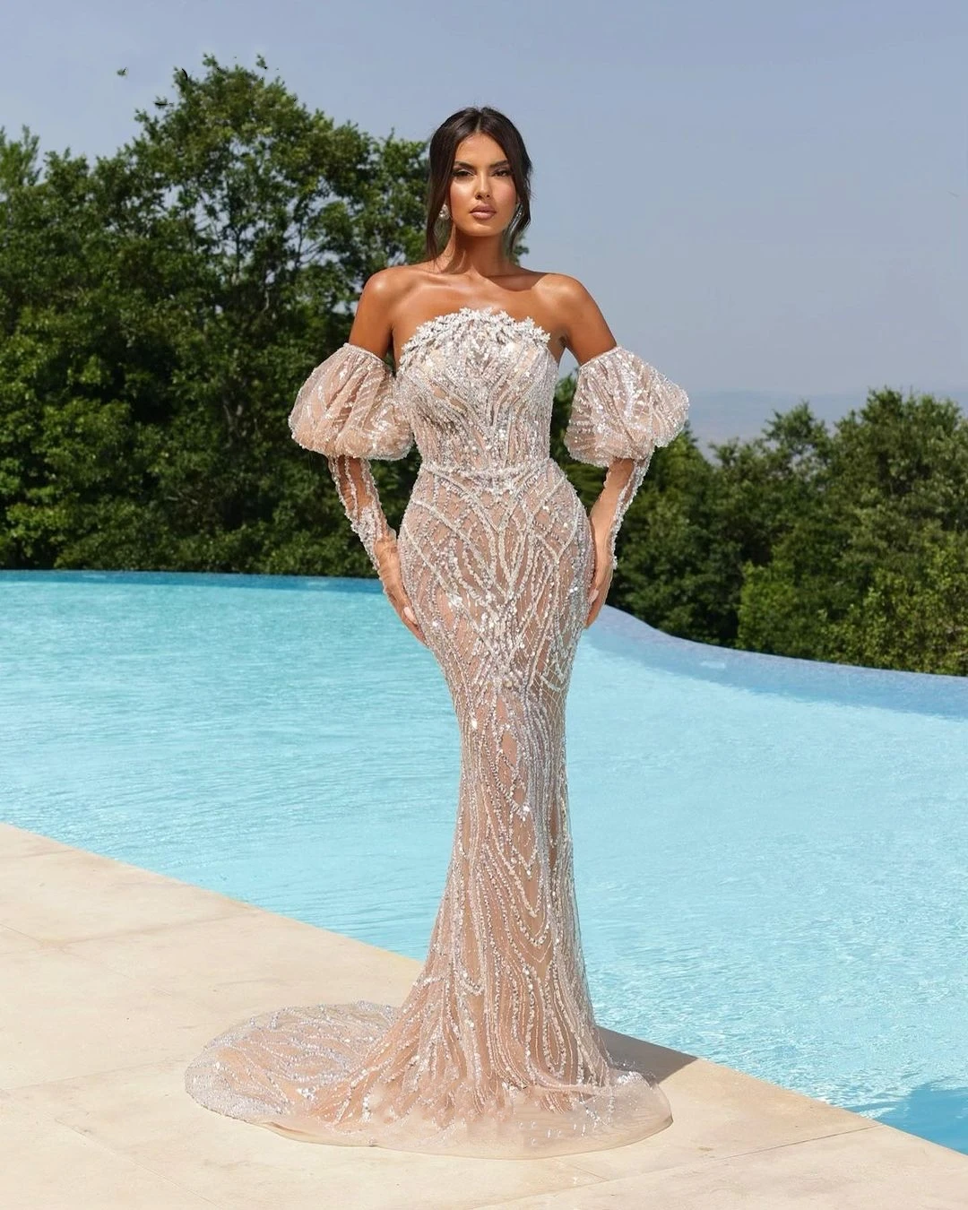 

Luxury Mermaid Prom Dress Beading Sequins Strapless Illusion Evening Gowns Custom Made Vestidos De Noche