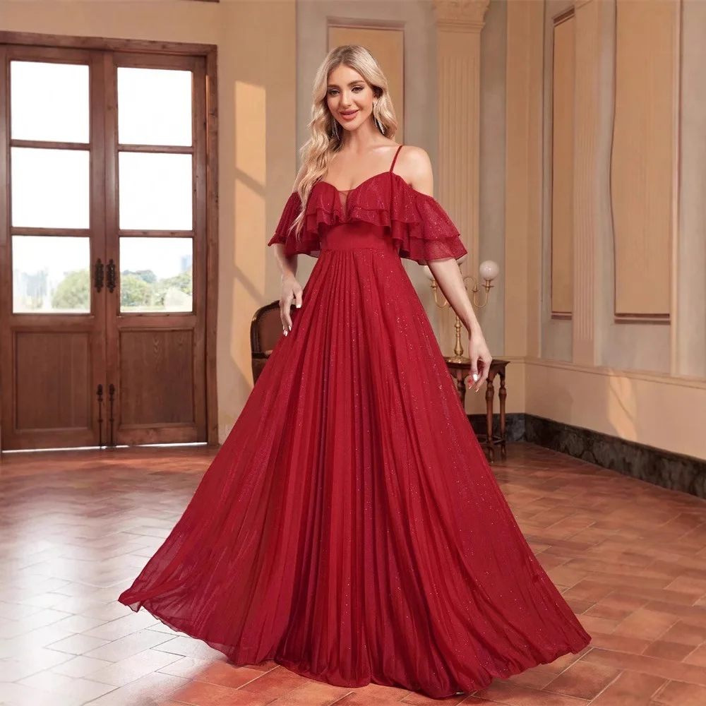 Ele Multi-Layer Ruffle Lace Strap Evening Dr Cross-Border New Sle Low Waist Silk Fabric round Ne Par Dr