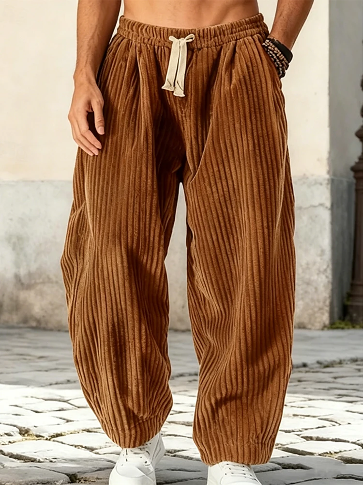 Outdoor Casual Mens Drawstring Trousers 2026 Summer Daily Leisure Solid Color Corduroy Pants Men Vintage Loose Straight Bottoms