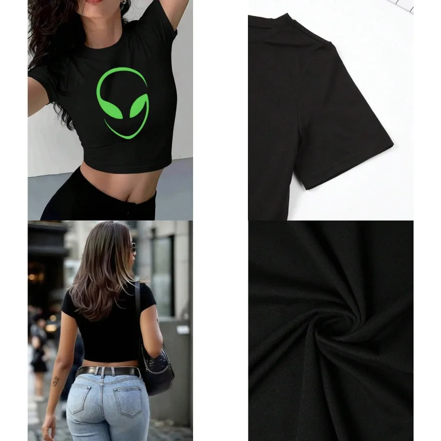 【Nuevo estilo】 Una camiseta de manga corta elegante y divertida para mujer con estampados vibrantes y un diseño sexy tipo crop top que revela la figura.